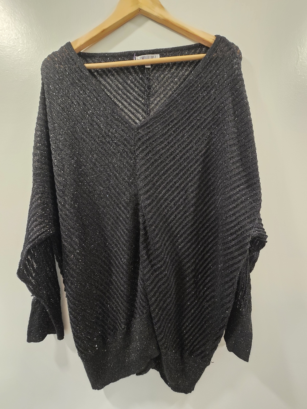 Jennifer Lopez Metallic Black Shimmer V-Neck Knit Sweater XXL